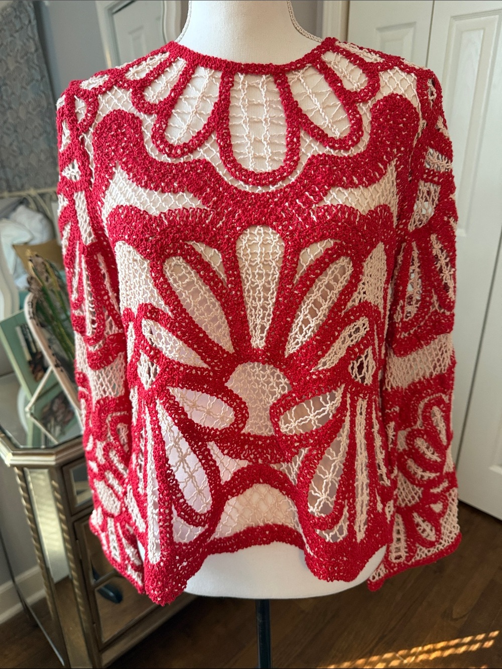 Solitaire by Ravi Khosla Red Crochet Openwork Women's Top Size L ❤️